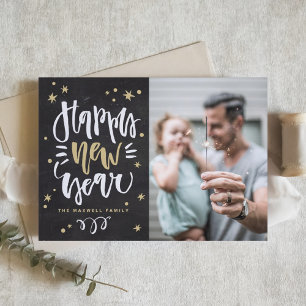 Rustic Calligraphy Chalkboard Photo Happy New Year Holiday Card