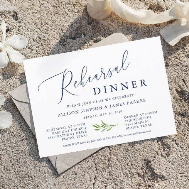 Rustic Calligraphy Greenery Navy Rehearsal Dinner Invitation (Creator Uploaded)