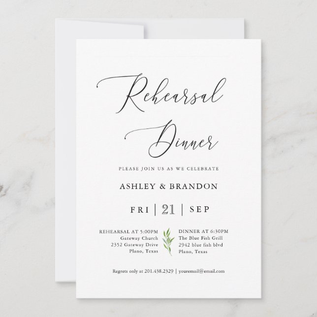 Rustic Calligraphy Greenery Rehearsal Dinner Invitation (Front)