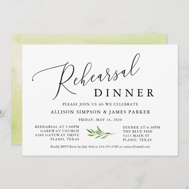 Rustic Calligraphy Greenery Rehearsal Dinner Invitation (Front/Back)