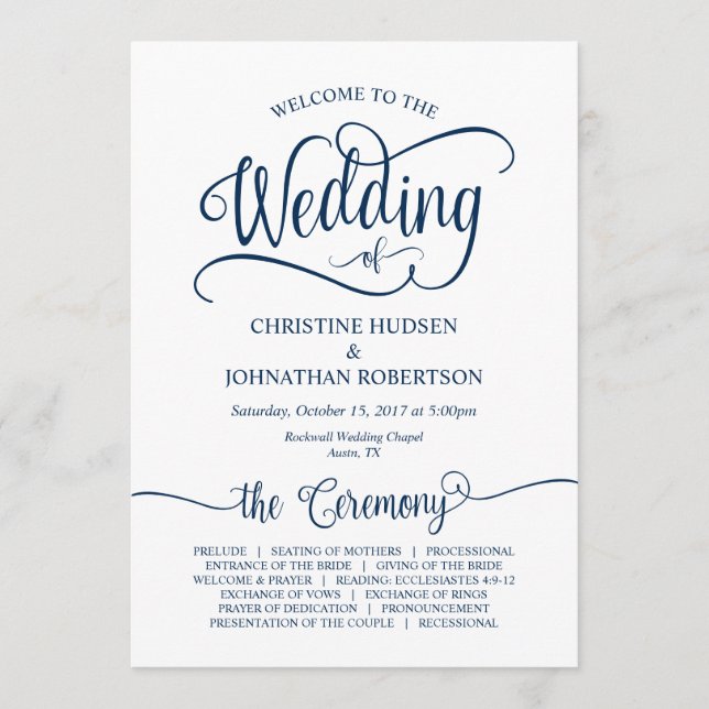 Rustic Calligraphy, Navy Blue, Wedding Ceremony Programme (Front)