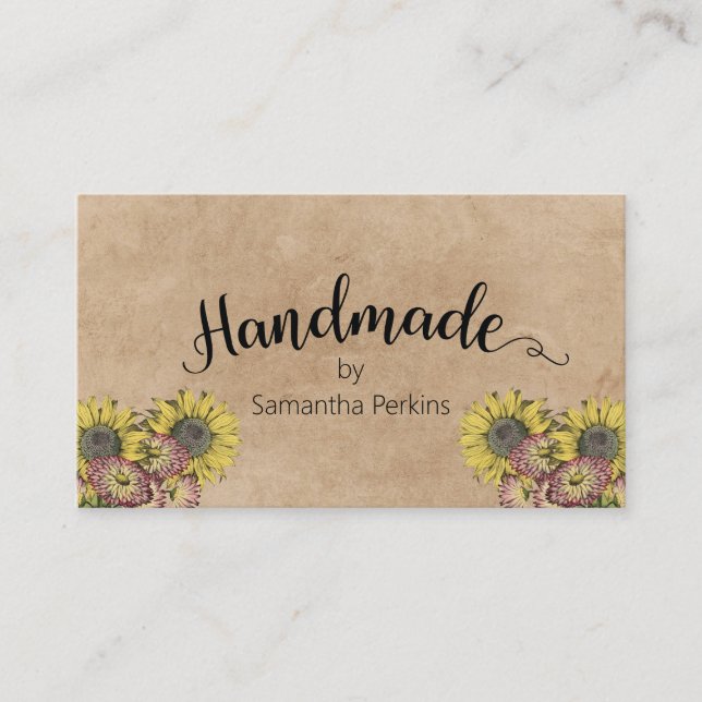 Rustic Calligraphy Sunflower Handmade Kraft Paper  Business Card (Front)
