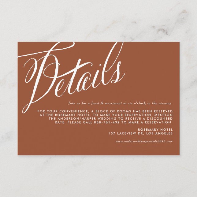 Rustic Calligraphy Terracotta Wedding Details Enclosure Card (Front)