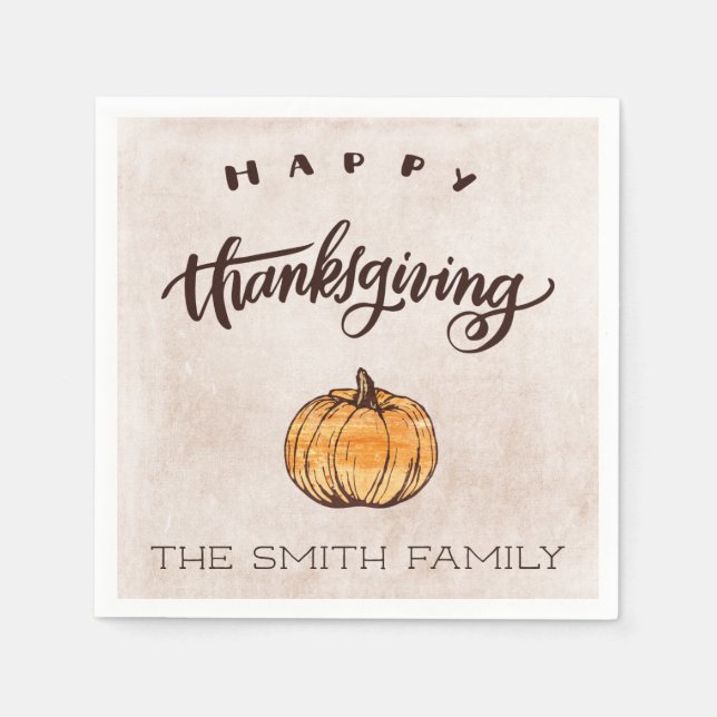 Rustic Calligraphy Thanksgiving Pumpkin Napkin (Front)