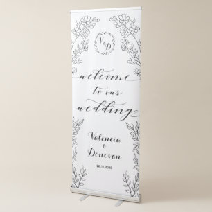 Rustic Calligraphy Wedding Floral Line Art Welcome Retractable Banner