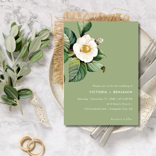 Rustic Camelia Floral Sage Minimal Simple Wedding Invitation (Chic Bolder Color Camelia Floral Sage Wedding Invitation)