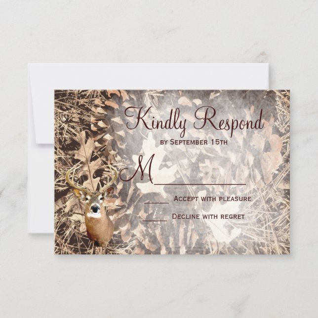 Rustic Camo Hunting Deer Antlers Wedding RSVP (Front)