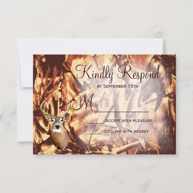 Rustic Camo Hunting Deer Antlers Wedding RSVP Card (Front)