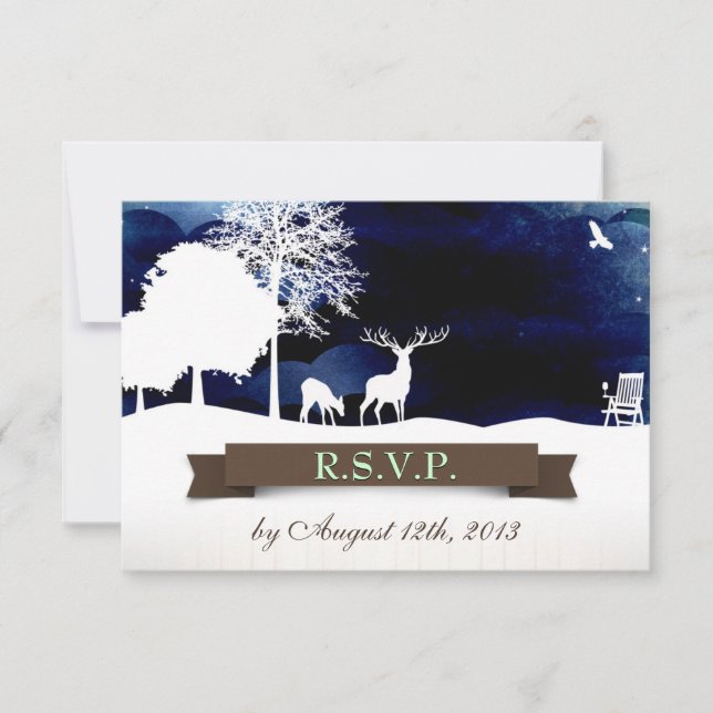 Rustic Campground Wedding RSVP with Deer and Trees Card (Front)