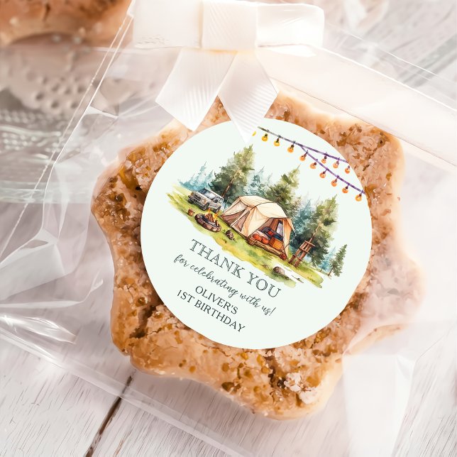 Rustic Camping Birthday Party  Classic Round Sticker (Creator Uploaded)