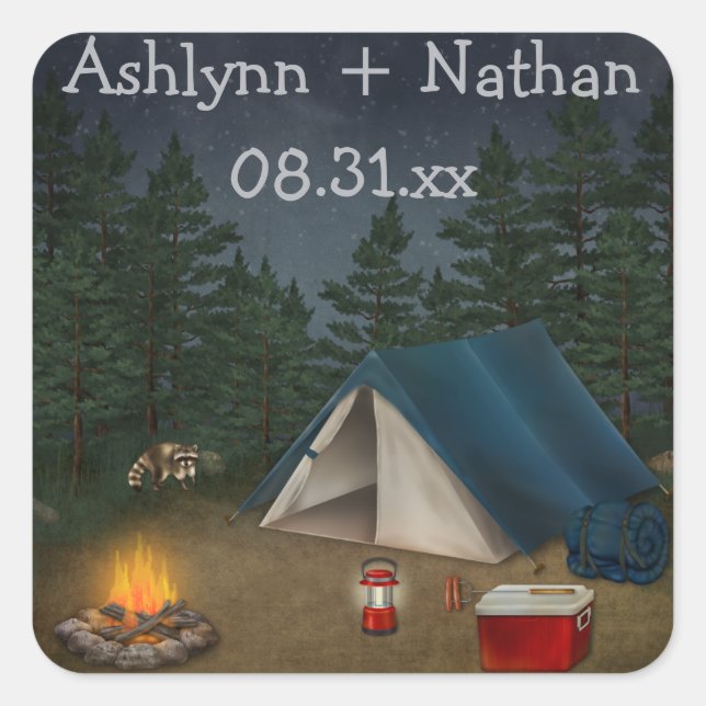Rustic Camping "Glamping" Wedding Favour Sticker (Front)