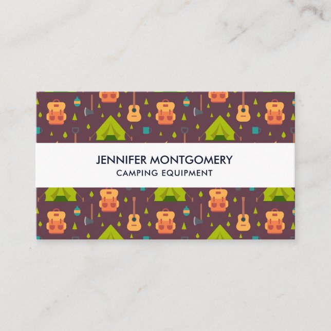 Rustic Camping Pattern Tents and Guitars Business Card (Front)