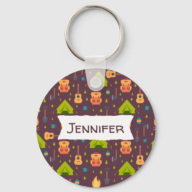 Rustic Camping Pattern Tents and Guitars Key Ring (Front)