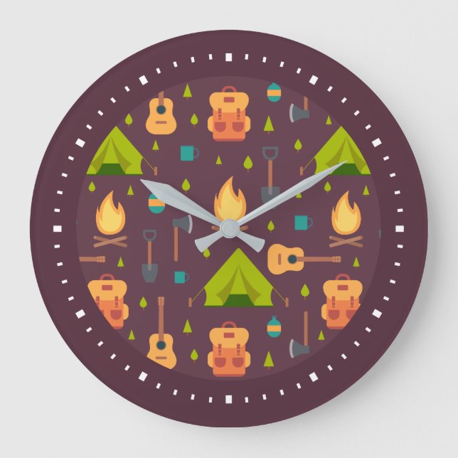 Rustic Camping Pattern Tents and Guitars Large Clock (Front)
