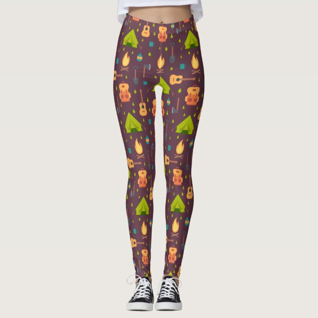 Rustic Camping Pattern Tents and Guitars Leggings (Front)