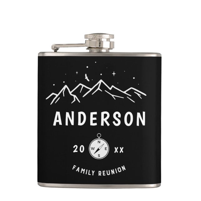Rustic Camping Personalised Family Reunion Hip Flask (Front)