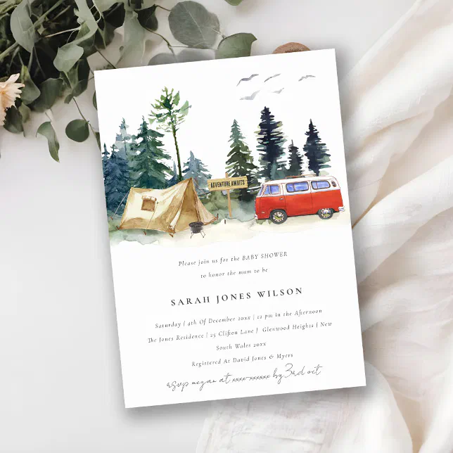 Rustic Camping Watercolor Pine Forest Baby Shower Invitation | Zazzle