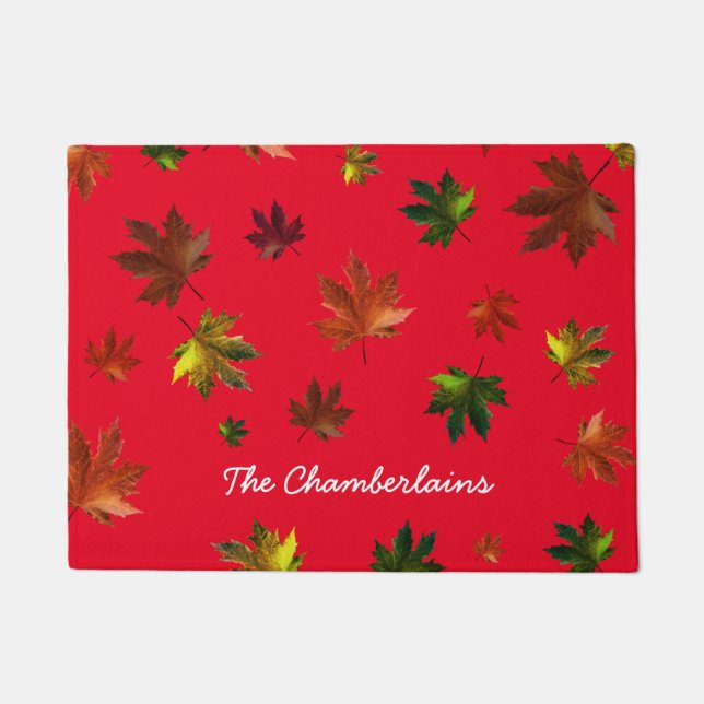 Rustic Canadian Maple Leaf on Red Doormat (Front)