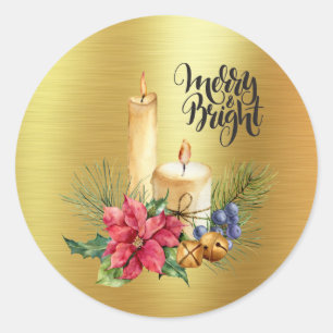 Rustic Candles and Poinsettias - Merry And Bright Classic Round Sticker