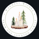 Rustic Candles on Wood Christmas Warmest Wishes Classic Round Sticker<br><div class="desc">Rustic Candles on Wood Christmas Warmest Wishes Classic Round Stickers labels.</div>