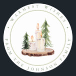 Rustic Candles on Wood Christmas Warmest Wishes Classic Round Sticker<br><div class="desc">Rustic Candles on Wood Christmas Warmest Wishes Classic Round Stickers labels.</div>