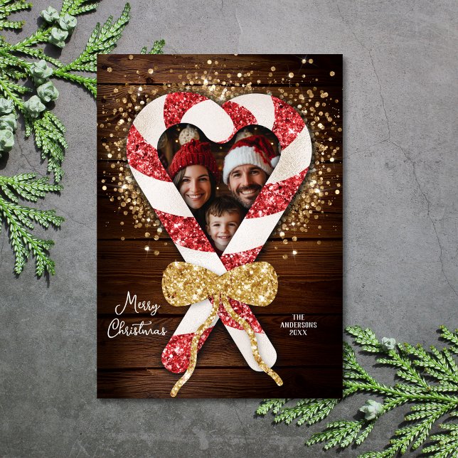 Rustic Candy Cane Frame Family Photo Christmas Invitation (rustic wood and glitter candy cane)
