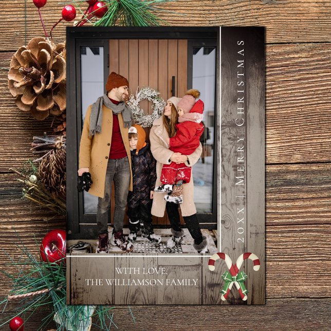 Rustic Candy Canes Christmas | Brown Photo Card (Brown Rustic Candy Canes Christmas Photo Card)
