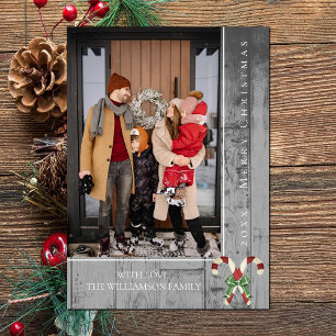 Rustic Candy Canes Christmas Grey Photo Card