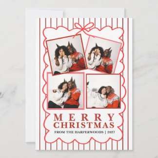 Rustic Candy Stripe 4 Photo Family Christmas Holiday Card