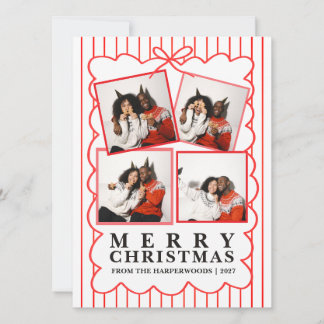 Rustic Candy Stripe 4 Photo Family Christmas Holiday Card