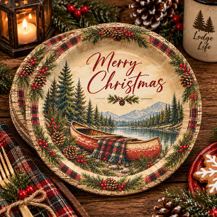 "Rustic Canoe Christmas Holiday Paper Plate