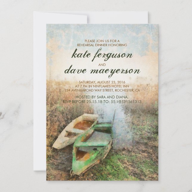 Rustic Canoe Waterfront Rehearsal Dinner Invitation (Front)