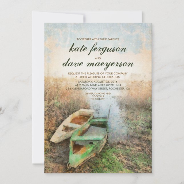 Rustic Canoe Waterfront Wedding Invitations (Front)
