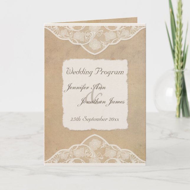 Rustic Canvas, Paper & Lace Look Wedding Program Programme (Front)