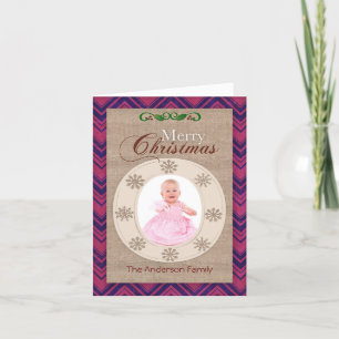 Rustic Canvas Pink Chevron Christmas Photo Card