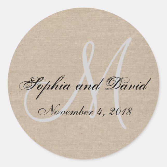 Rustic Canvas Wedding Favour Sticker Monogram (Front)