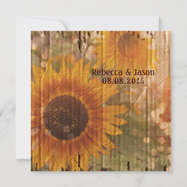 rustic cardboard country sunflower wedding announcement (Front)