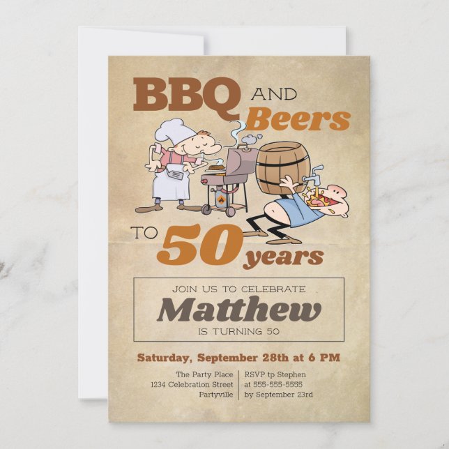Rustic Cartoon BBQ And Beers 50th Birthday Invitation (Front)