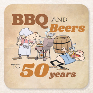 Rustic Cartoon BBQ And Beers 50th Birthday Square Paper Coaster