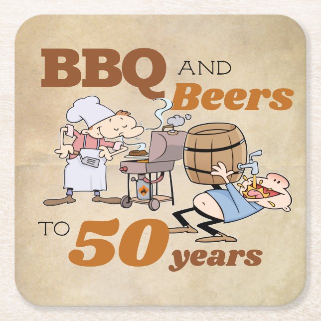 Rustic Cartoon BBQ And Beers 50th Birthday Square Paper Coaster (Front)