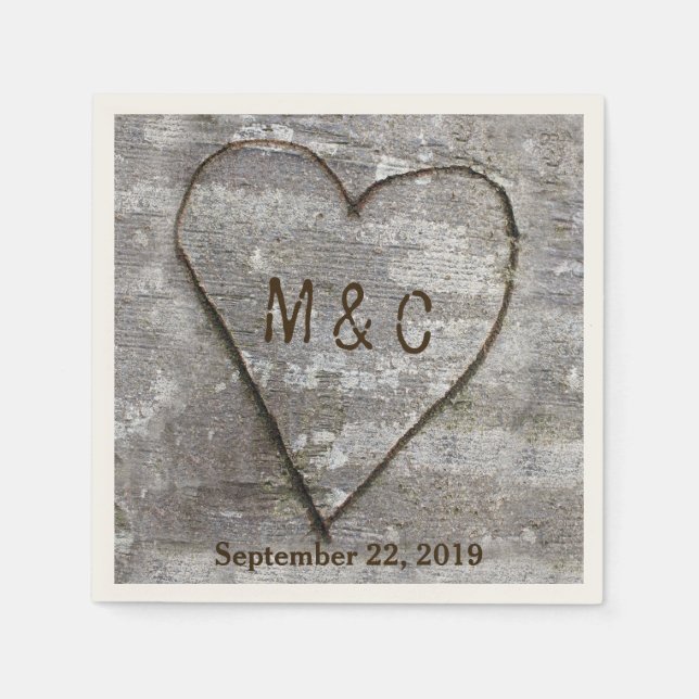 Rustic Carved Birch Heart Tree Wedding Initials Napkin (Front)