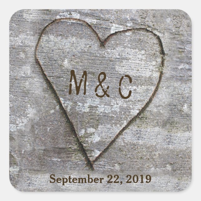 Rustic Carved Birch Heart Tree Wedding Initials Square Sticker (Front)