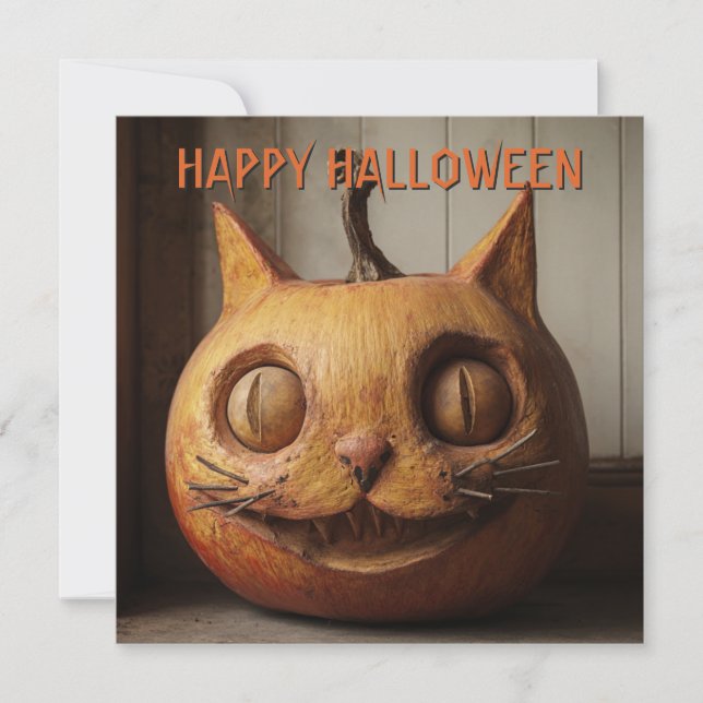 Rustic Carved Cat Jack O Lantern Halloween Holiday Card (Front)