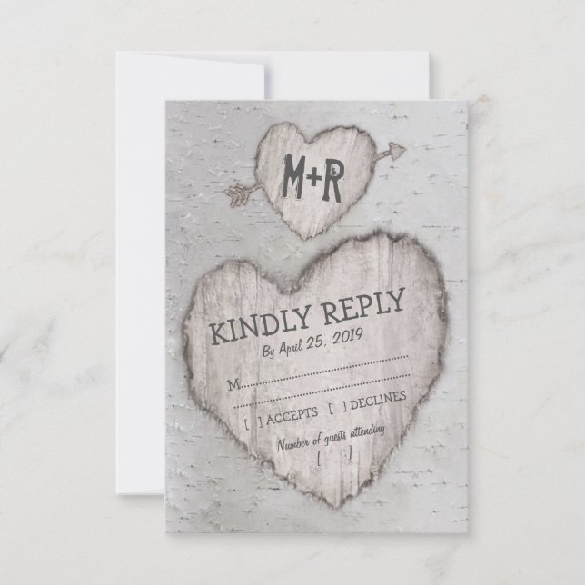 Rustic Carved Heart Birch Tree Wedding RSVP Card (Front)