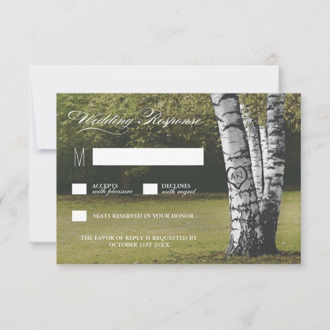 Rustic Carved Heart Birch Tree Wedding RSVP Cards (Front)
