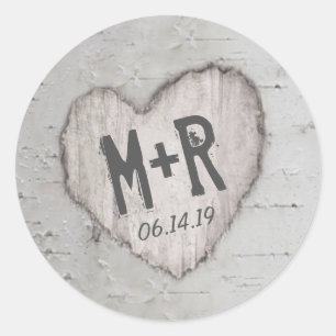 Rustic Carved Heart Initials Birch Tree Wedding Classic Round Sticker