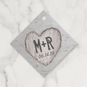 Rustic Carved Heart Initials Birch Tree Wedding Favour Tags