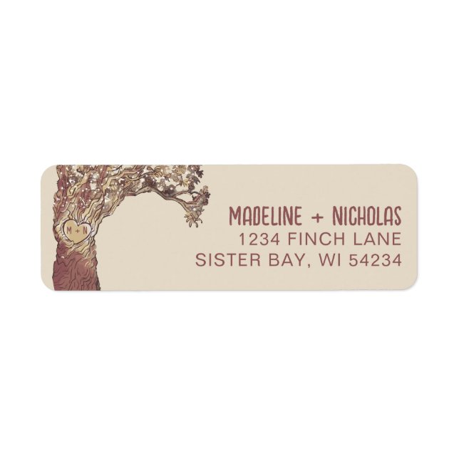 Rustic Carved Heart Oak Tree Return Address Label (Front)
