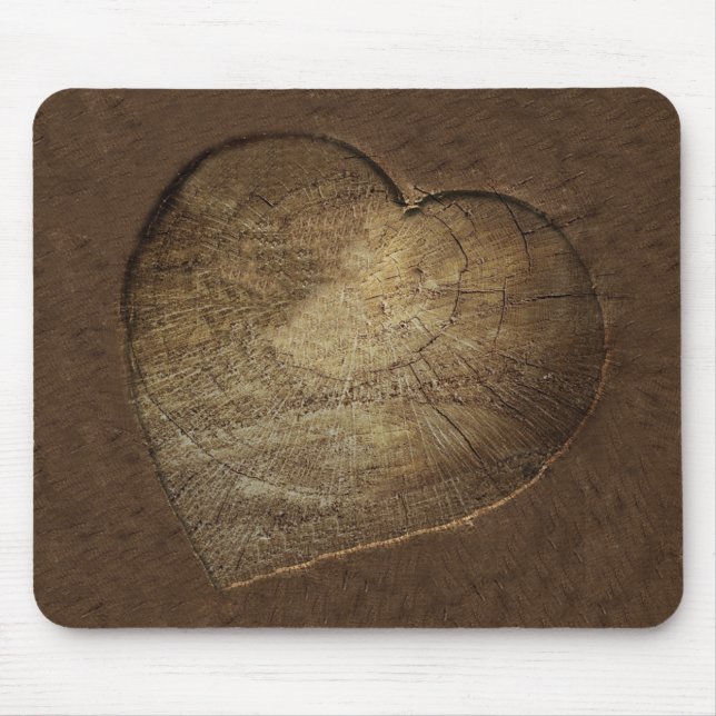 Rustic Carved Heart Oak Tree Slice Mouse Mat (Front)