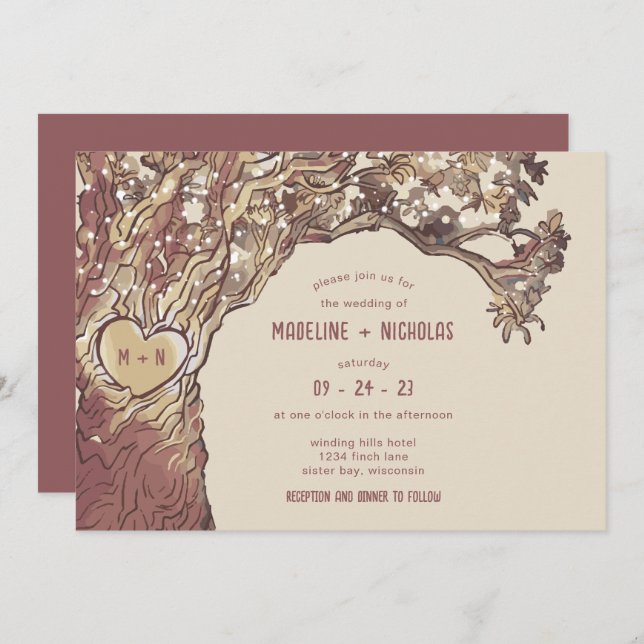 Rustic Carved Heart Oak Tree Wedding Invitation (Front/Back)